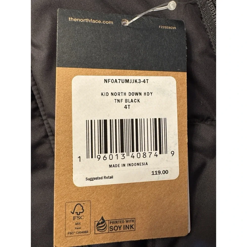 The North Face Kids North Down Hooded Jacket Black Puffer Coat 4T NF0A7UMJJK3-4T